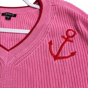 Nautical Venus Hot Pink V-Neck Sweater with Anchor Detail Size Large‎